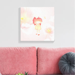 Spring Flute: Bunny Girl Playing Music in Pink Gar Canvas Print
