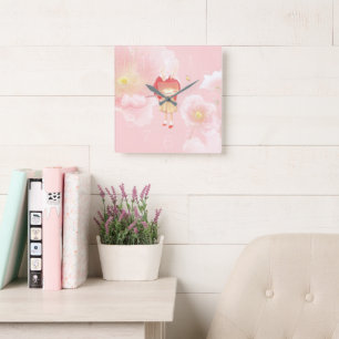Spring Flute: Bunny Girl Playing Music in Pink Gar Square Wall Clock