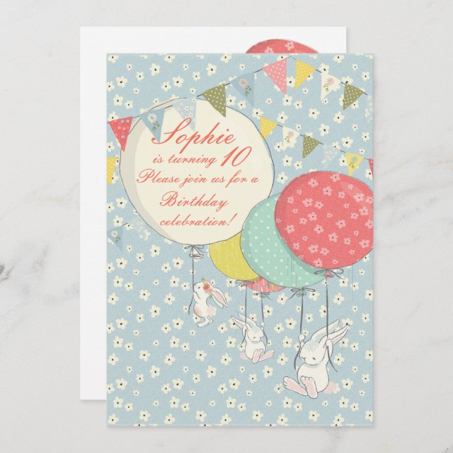 Spring flying Bunny Birthday Invitation (Front/Back)