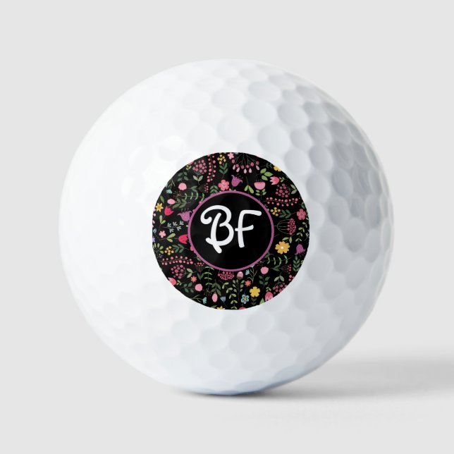 Spring for Wildflowers Black Floral Personalised Golf Balls (Front)