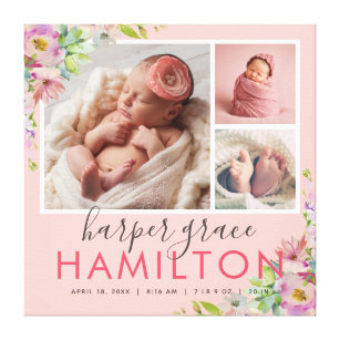 Spring Garden Baby Girl Birth Stats Photo Collage Canvas Print