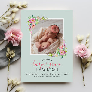 Spring Garden Baby Girl Photo Birth Announcement
