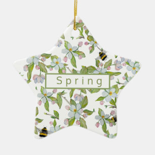 Spring garden blooms and bumblebees ceramic tree decoration