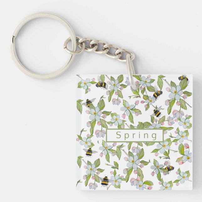 Spring garden blooms and bumblebees key ring (Front)