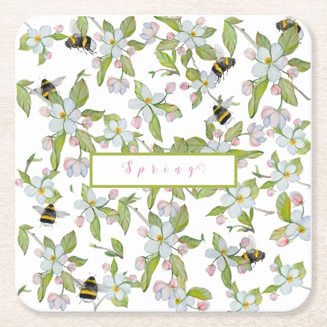 Spring garden blooms and bumblebees square paper coaster (Front)