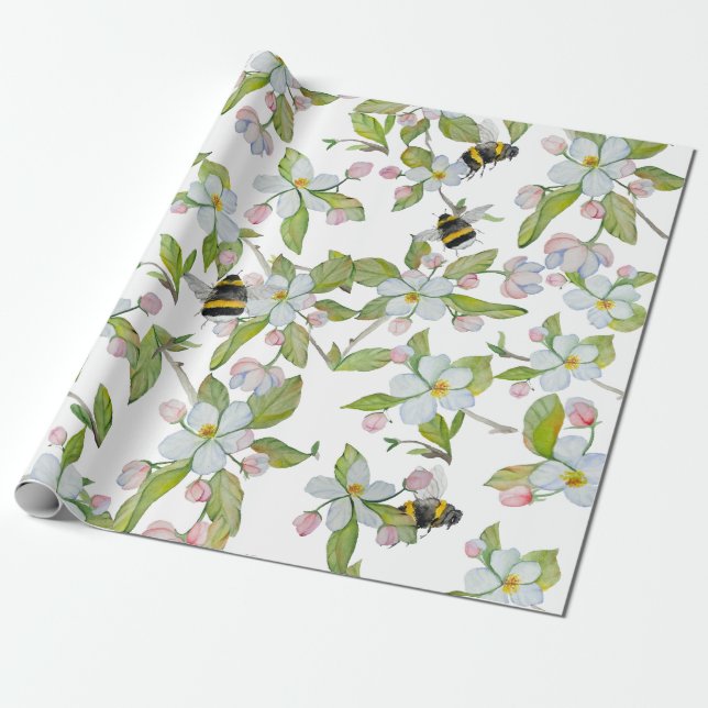 Spring garden blossoms and bumblebees wrapping paper (Unrolled)