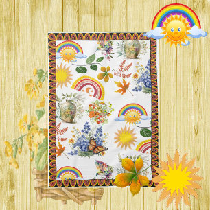 Spring Garden Butterfly Rainbow Sunshine Greenery  Tea Towel