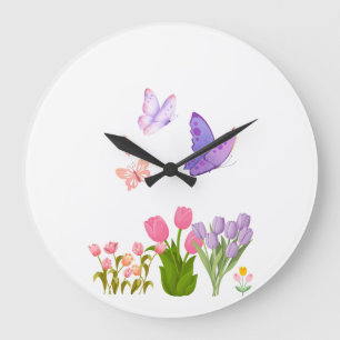 Spring Garden Butterfly Wall Clock – Pink Tulips &