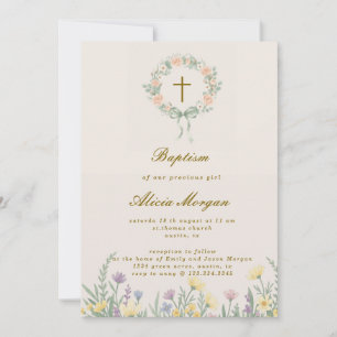 Spring Garden Floral Cross Baptism Invitation