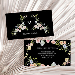 Spring Garden Floral on Black   Monogram Business Card