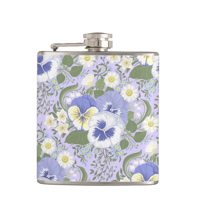 Spring Garden flowers on lavender Hip Flask (Front)
