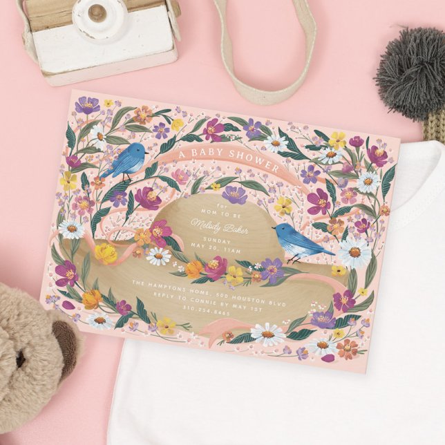 Spring Garden Flowers Sun Hat Pink Baby Shower Invitation (Creator Uploaded)