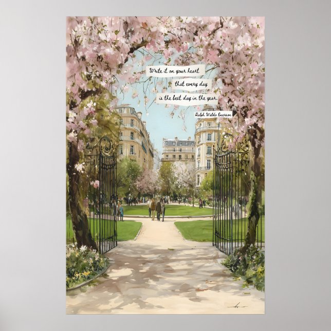 Spring Garden Gate Poster  Cherry Blossom Trees (Front)