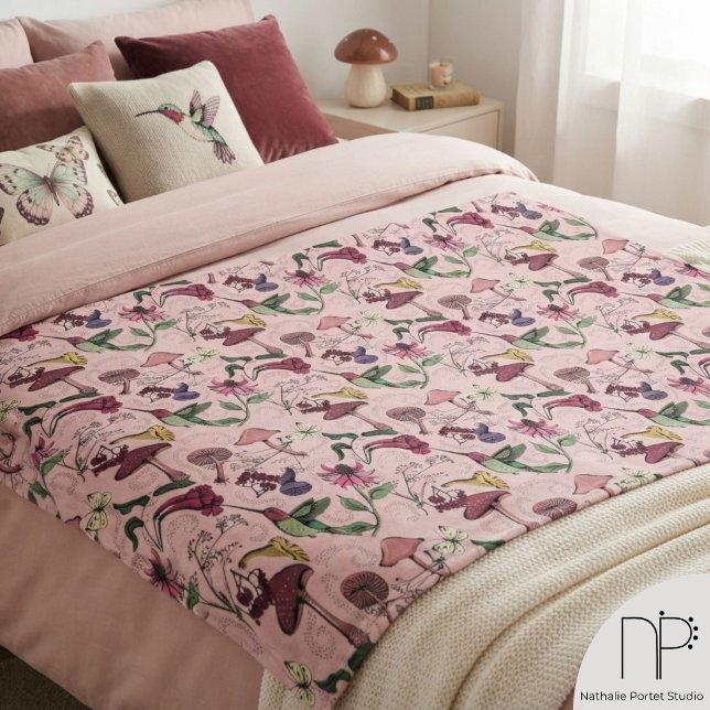 Spring Garden Hummingbird Blanket (Hand-drawn hummingbirds and wildflowers on a blush pink fleece blanket.)