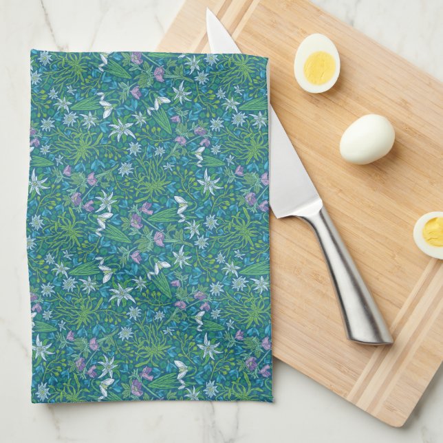 Spring Garden Mother's Day Blue Purple White Tea Towel (Quarter Fold)