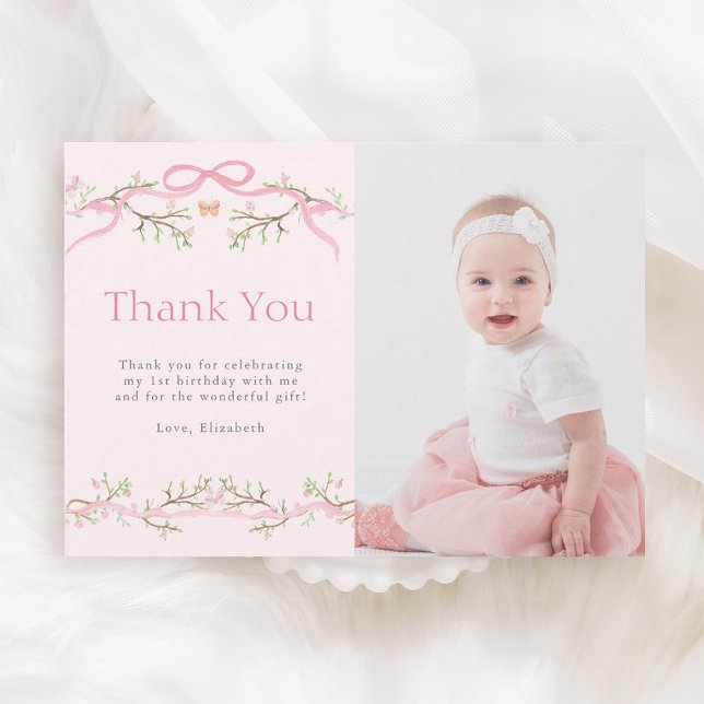 Spring Garden Pink and Green 1st Birthday Photo Thank You Card (Creator Uploaded)