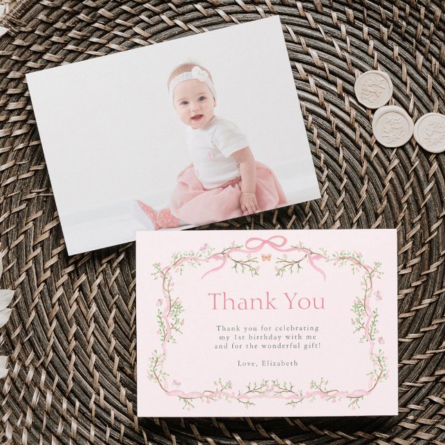 Spring Garden Pink and Green 1st Birthday Photo Thank You Card (Front & Back)