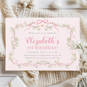 Spring Garden Pink & Green 1st Birthday Party Invitation