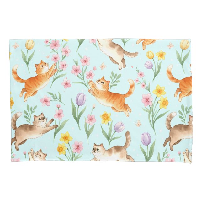 Spring Garden Romp – Playful Cats & Blossoms Pillowcase (Front)