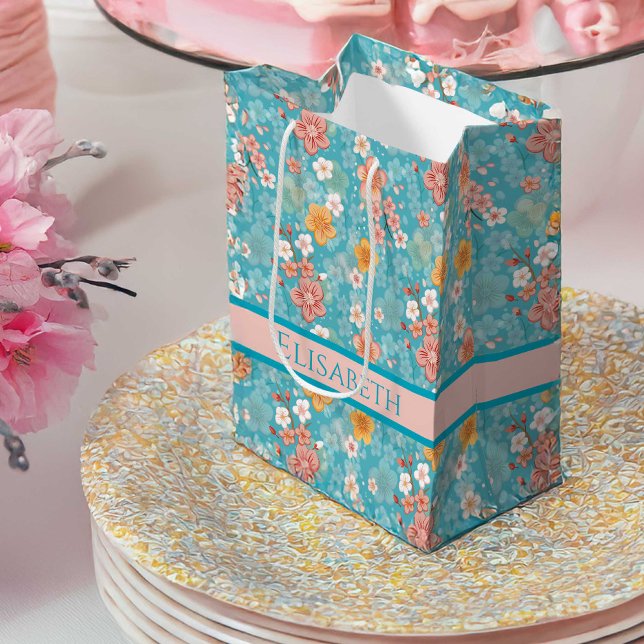 Spring Garden Turquoise Cherry Blossoms and Stripe Medium Gift Bag (Creator Uploaded)