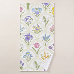 Spring Garden variety flowers in rainbow medallion Bath Towel