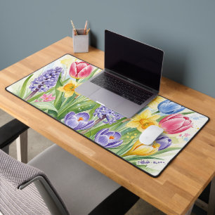 Spring Garden Watercolor Tulips & Daffodils Desk Mat