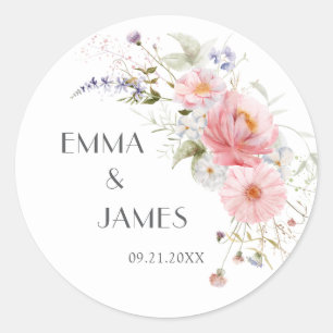 Spring Garden Wildflowers Pink White Wedding Classic Round Sticker
