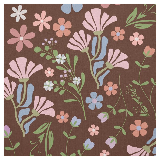 Spring Garden with Chocolate Brown Background Fabric (Swatch)