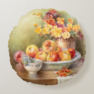 Spring Garden Yellow Pansies and Red Apples Round Cushion