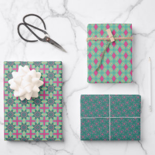 Spring Geometric Green Pink Set Wrapping Paper Sheet