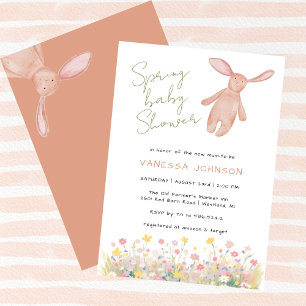 Spring Girl Baby Shower Pink Bunny Wildflowers  Invitation