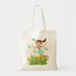 Spring girl chasing birds art bag peach & aqua