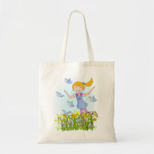 Spring girl chasing birds in daffodils bag