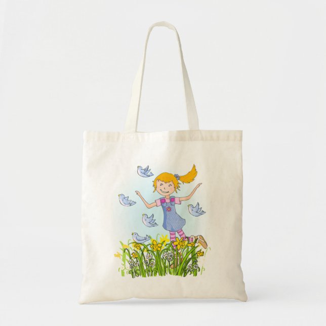 Spring girl chasing birds in daffodils bag (Front)