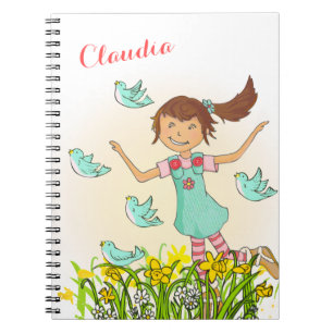Spring girl chasing birds kids notebook