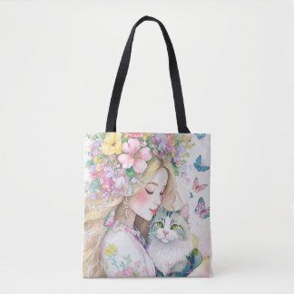 Spring girl with flowers and cat tote bag