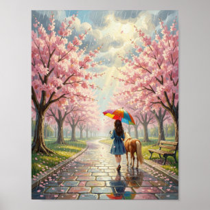 Spring - Girl with Umbrella and Pony in Rainy Park Poster