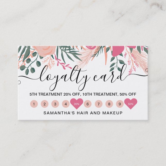 Spring girly pink floral 10 punches script font loyalty card (Front)