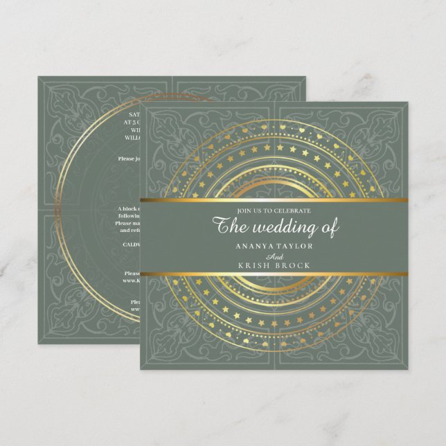 Spring Green and Gold Wedding Invitation (Front/Back)