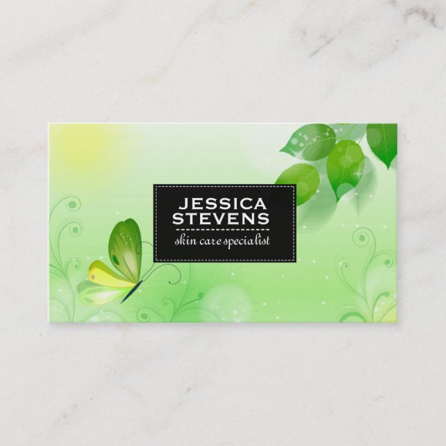 Spring Green Background With Butterfly 2 Business Card (Front)