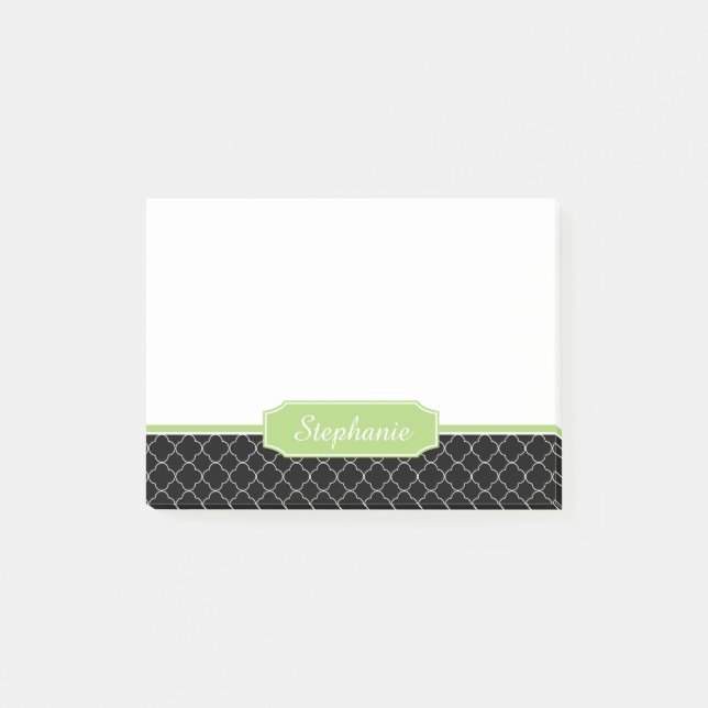 Spring Green Black Quatrefoil Monogram Post-it Notes (Front)