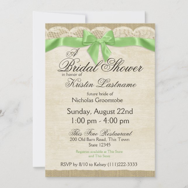 Spring Green Bow and Lace Bridal Shower Invitation (Front)
