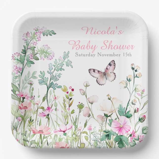 Spring Green Butterfly Floral Baby Shower Paper Plate (Front)