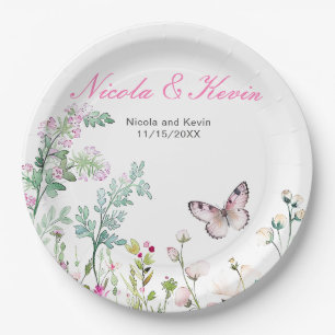 Spring Green Butterfly Floral Wedding Paper Plate