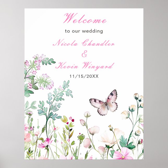 Spring Green Butterfly Floral Wedding Poster (Front)