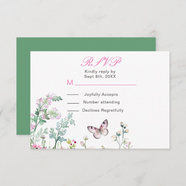 Spring Green Butterfly Floral Wedding RSVP Card (Front/Back)