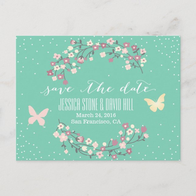 Spring Green Butterfly & Flowers Save the Date Announcement Postcard (Front)