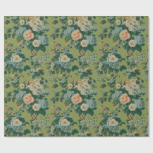 Spring Green Floral Chintz, Coral Rose Wrapping Paper