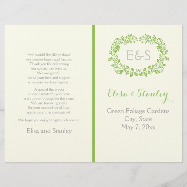 Spring green foliage frame wedding program (Front)