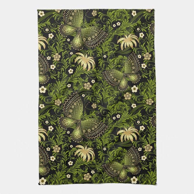 Spring Green-gold Pattern Tea Towel (Vertical)